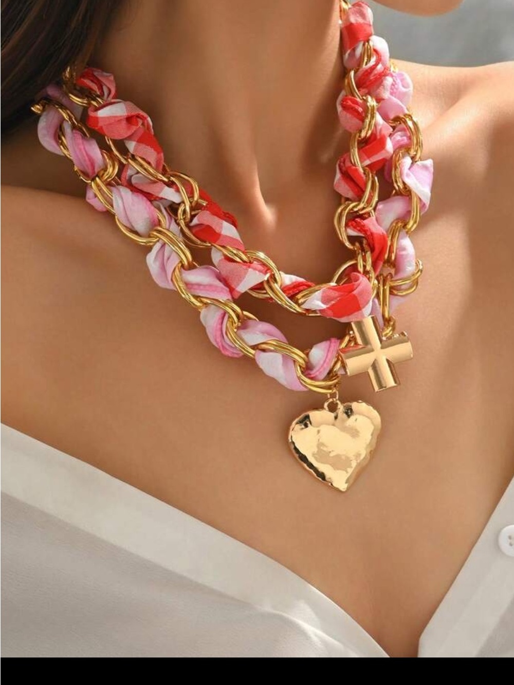 Gold-Tone Layered Heart & Cross Necklaces with Pink and Red Fabric - Picture 3 of 5